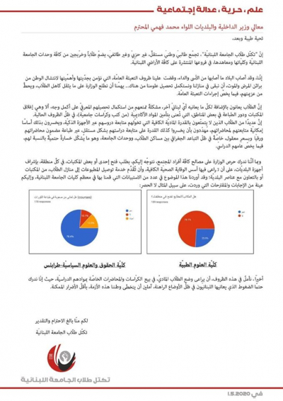 تكتّل طلاّب الجامعة اللبنانية: لإيجاد الحلول لأزمة &quot;التعليم عن بعد&quot;